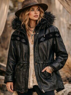 Vintage Black Leather Jacket with Fur Trim